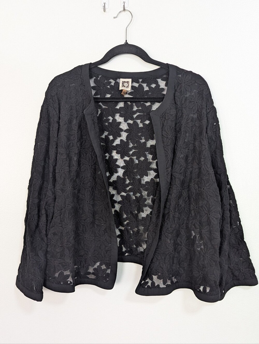 Anne Klein Black Sheer Floral Lace Open Front Cardigan Size 24